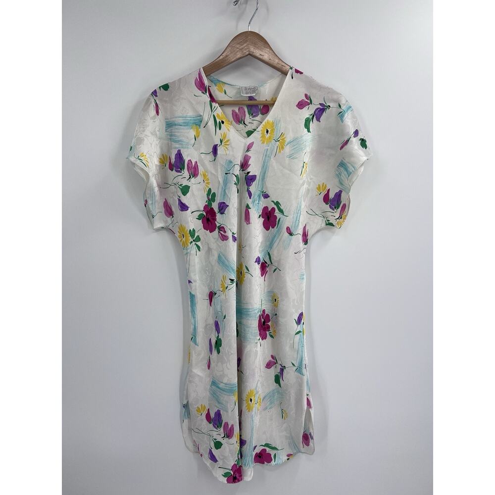 VTG 90s Bold Floral Night Gown Sleep Dress White P Made In USA